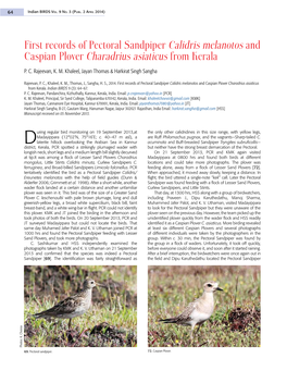 First Records of Pectoral Sandpiper Calidris Melanotos and Caspian Plover Charadrius Asiaticus from Kerala