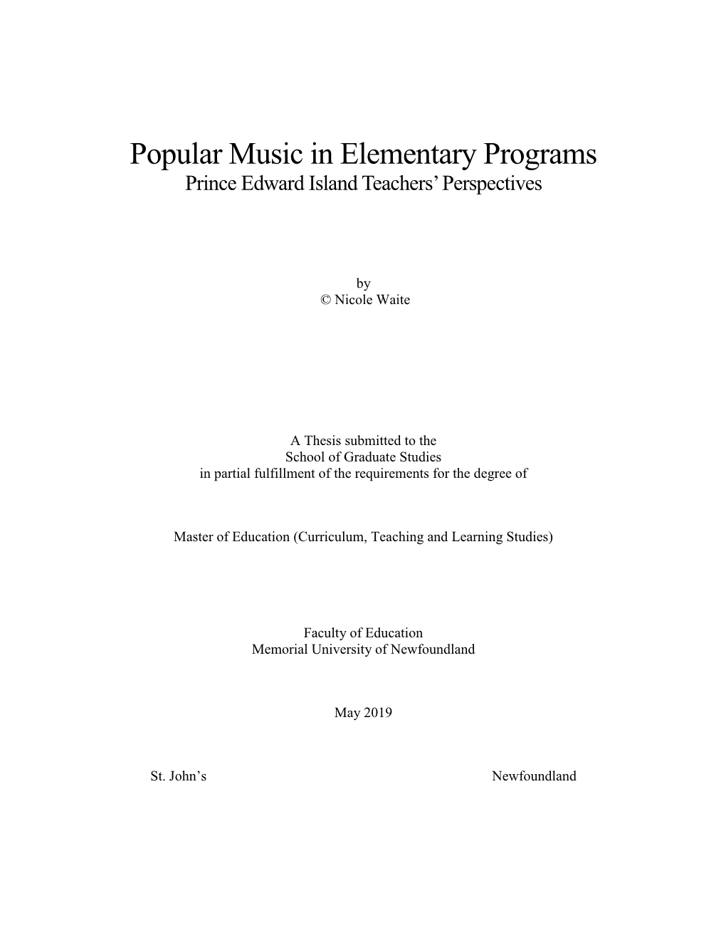 Popular Music in Elementary Programs Prince Edward Island Teachers’ Perspectives