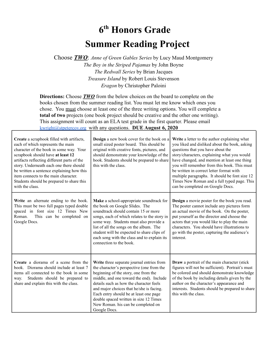 6Th Honors Summer Reading Project 2021