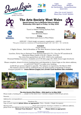 The Arts Society West Wales Special Interest Tour to Blenheim Palace & Oxford Wednesday 29Th April to Friday 1St May 2020