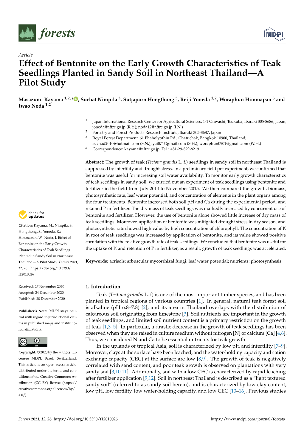 Effect of Bentonite on the Early Growth Characteristics of Teak Seedlings Planted in Sandy Soil in Northeast Thailand—A Pilot Study
