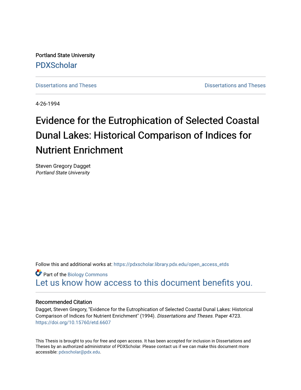 Evidence for the Eutrophication of Selected Coastal Dunal Lakes: Historical Comparison of Indices for Nutrient Enrichment