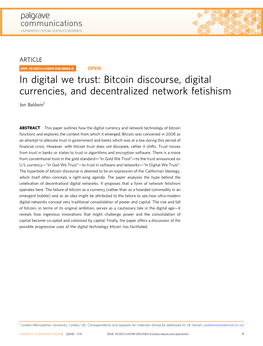 Bitcoin Discourse, Digital Currencies, and Decentralized Network Fetishism