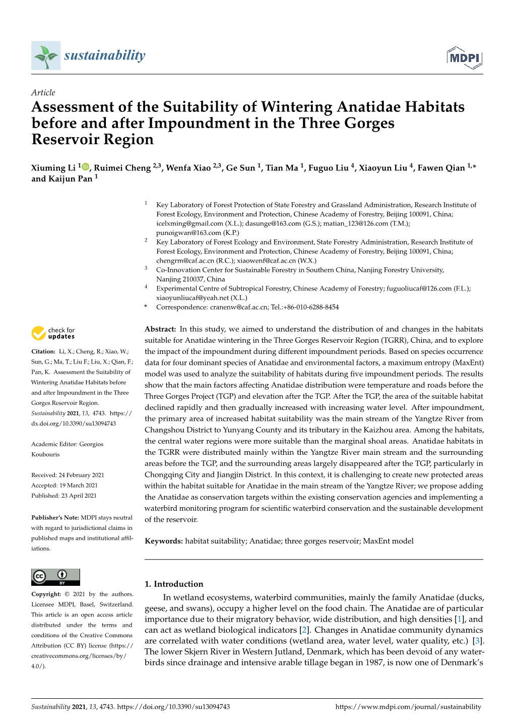 Assessment of the Suitability of Wintering Anatidae Habitats Before and After Impoundment in the Three Gorges Reservoir Region