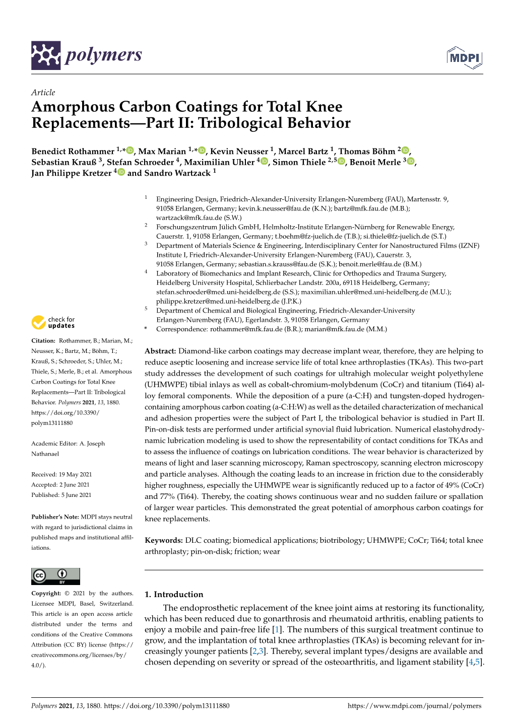 Amorphous Carbon Coatings for Total Knee Replacements—Part II: Tribological Behavior