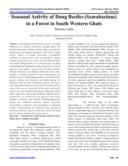 Seasonal Activity of Dung Beetles (Scarabaeinae) in a Forest in South Western Ghats Thomas Latha