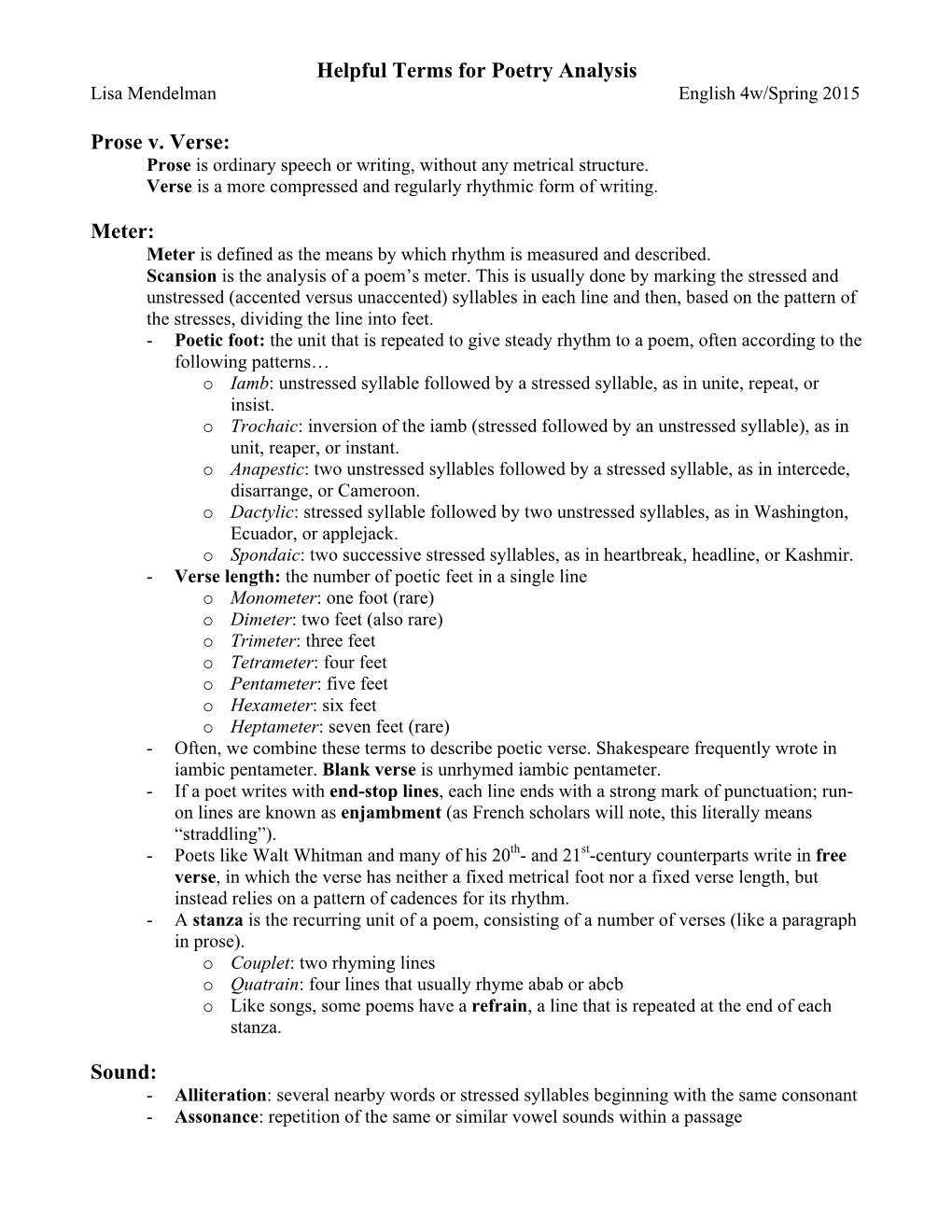 Helpful Terms for Poetry Analysis Prose V. Verse