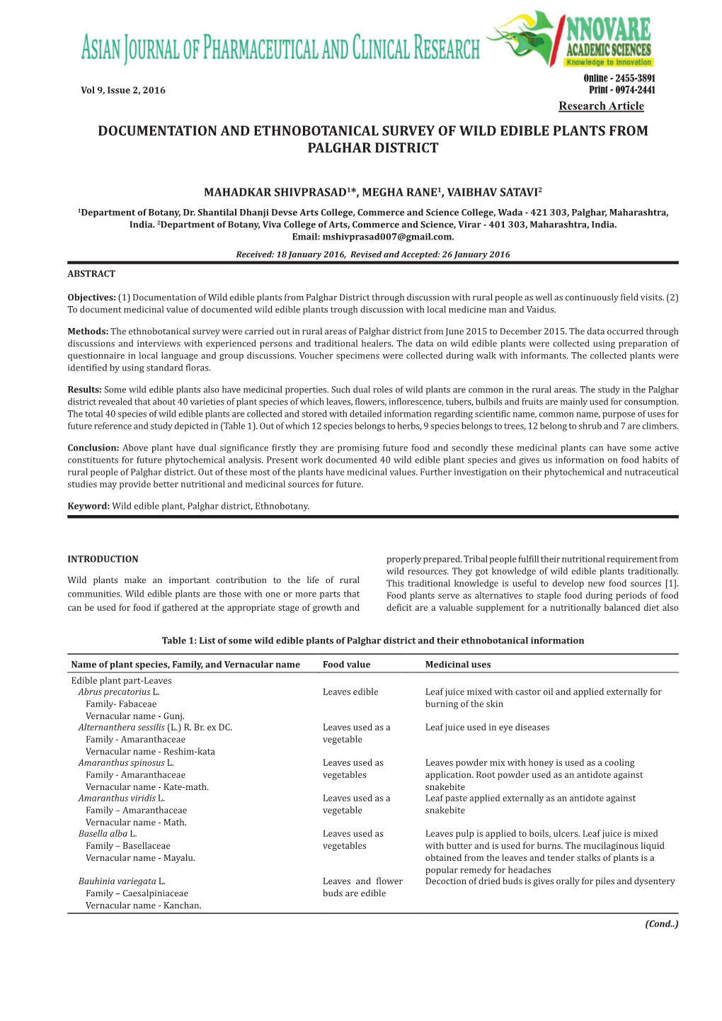 Documentation and Ethnobotanical Survey of Wild Edible Plants from Palghar District