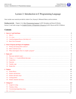 Lecture 2: Introduction to C Programming Language Joannakl@Cs.Nyu.Edu