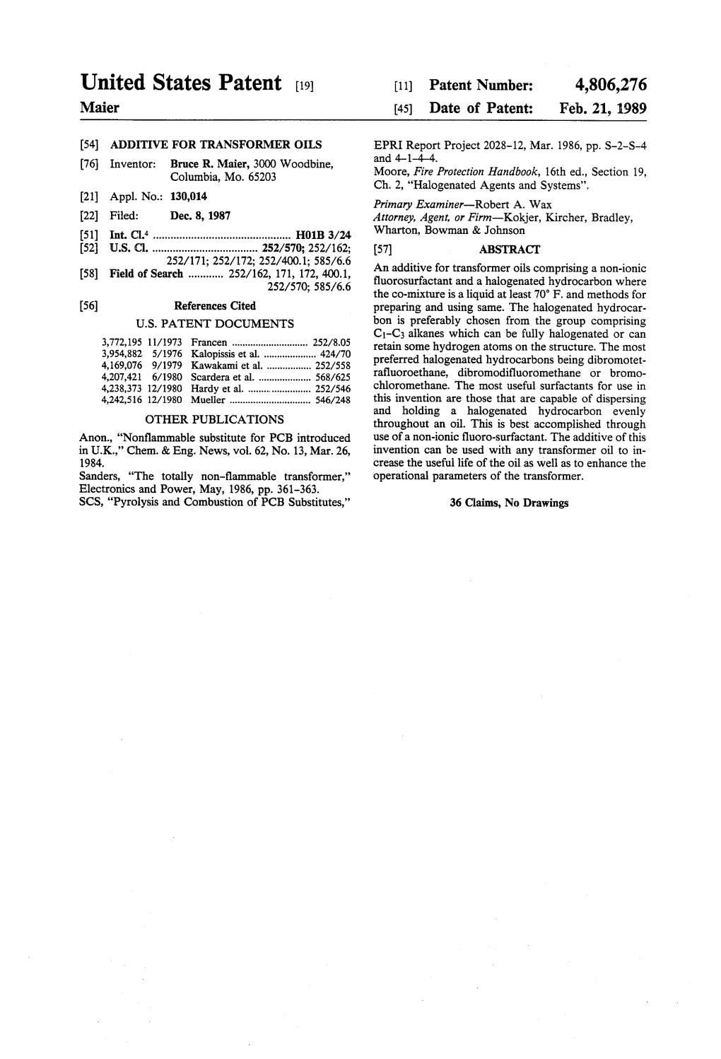 United States Patent (19) 11) Patent Number: 4,806,276 Maier (45) Date of Patent: Feb