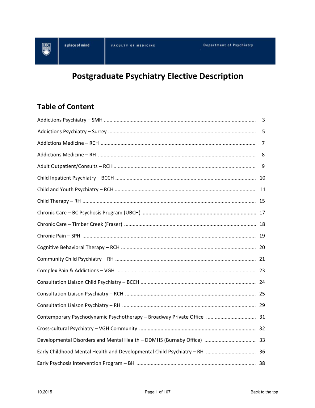 Postgraduate Psychiatry Elective Description