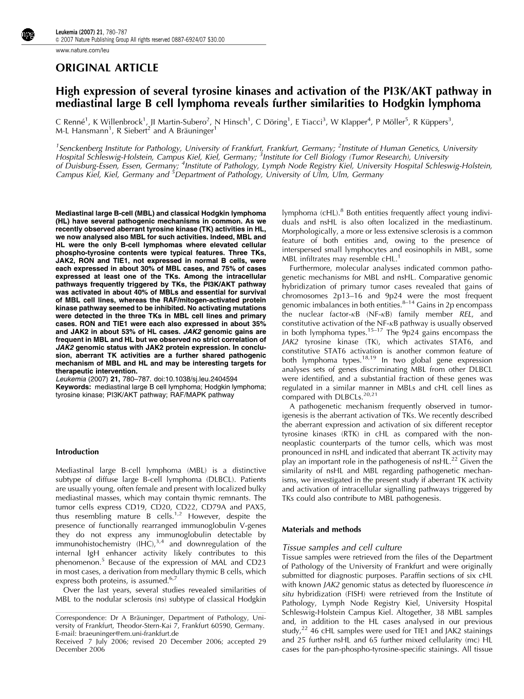 ORIGINAL ARTICLE High Expression of Several Tyrosine Kinases