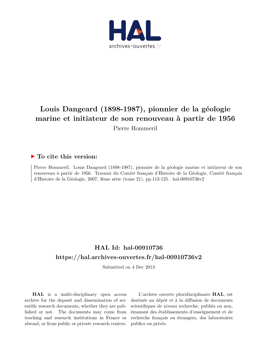 Louis Dangeard (1898-1987), Pionnier De La Géologie Marine Et Initiateur De Son Renouveau À Partir De 1956 Pierre Hommeril