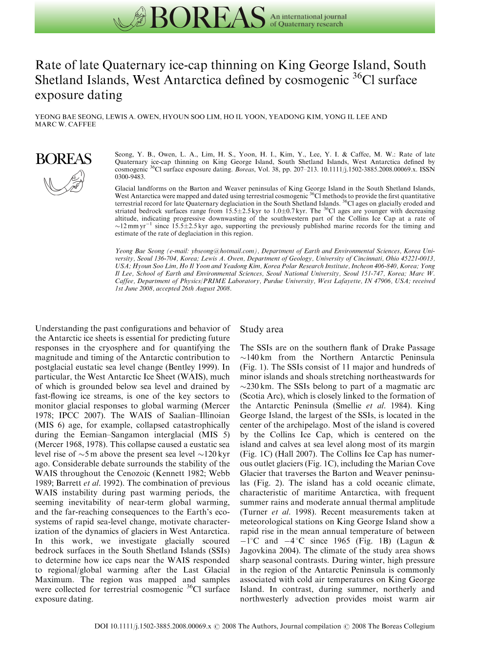 Rate of Late Quaternary Ice-Cap Thinning on King George Island, South Shetland Islands, West Antarctica Defined by Cosmogenic 36