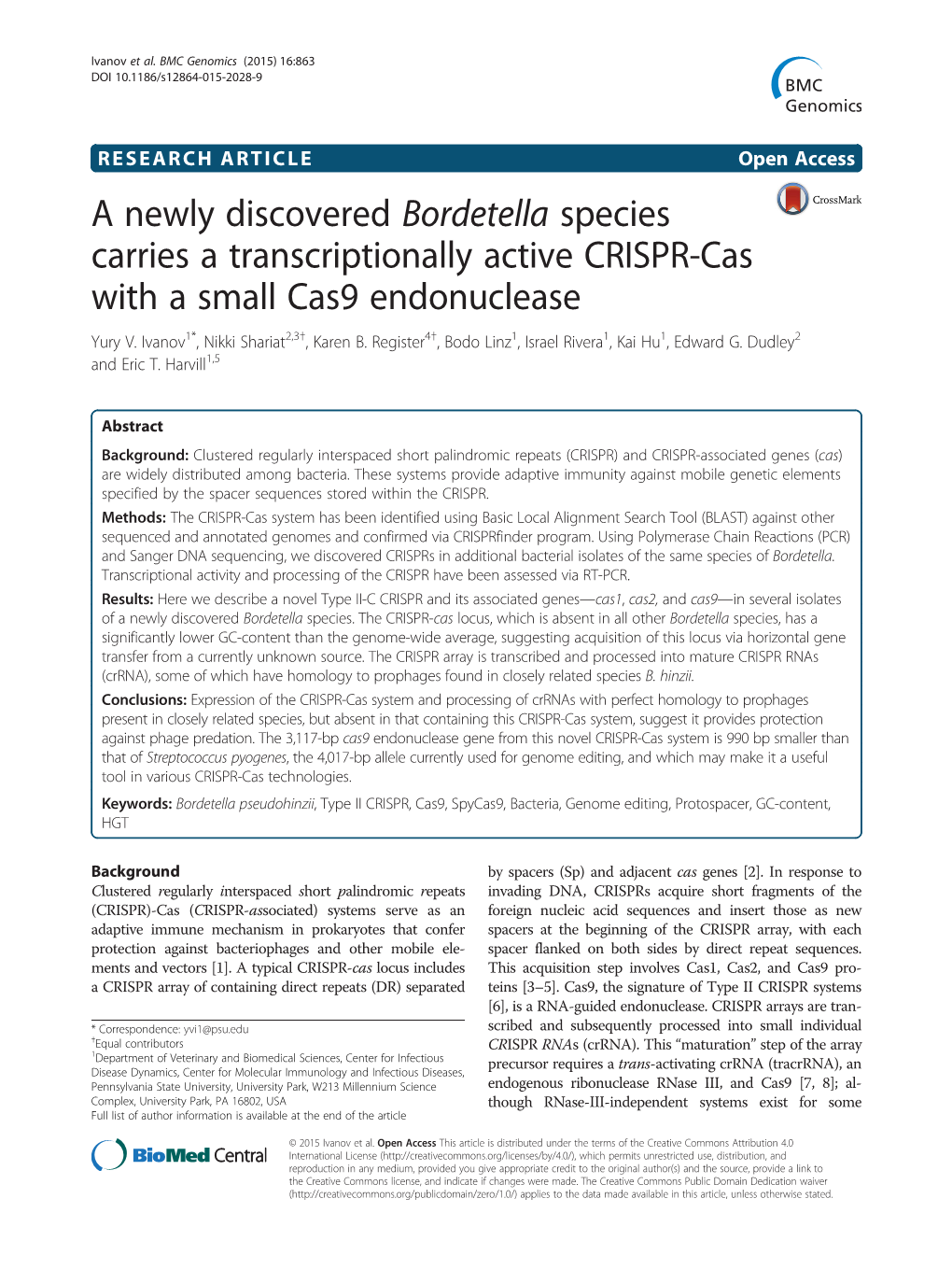 A Newly Discovered Bordetella Species Carries a Transcriptionally Active CRISPR-Cas with a Small Cas9 Endonuclease Yury V