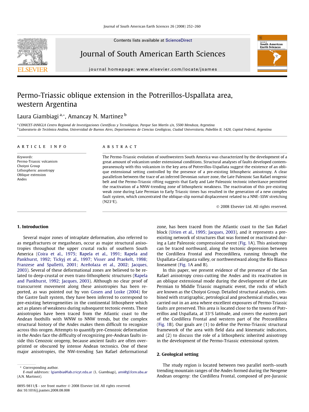 Journal of South American Earth Sciences 26 (2008) 252–260