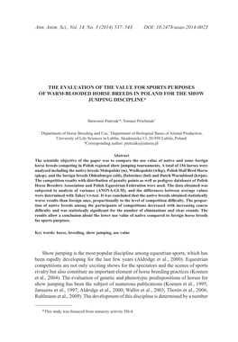 The Evaluation of the Value for Sports Purposes of Warm-Blooded Horse Breeds in Poland for the Show Jumping Discipline* *