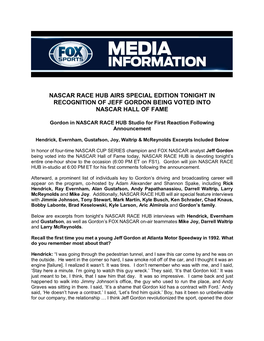Nascar Race Hub Airs Special Edition Tonight in Recognition of Jeff Gordon Being Voted Into Nascar Hall of Fame