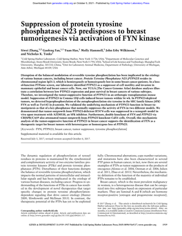 Suppression of Protein Tyrosine Phosphatase N23 Predisposes to Breast Tumorigenesis Via Activation of FYN Kinase