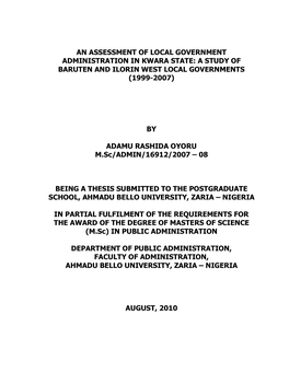 An Assessment of Local Government Administration in Kwara State: a Study of Baruten and Ilorin West Local Governments (1999-2007)