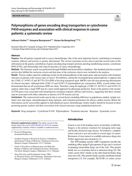 Polymorphisms of Genes Encoding Drug Transporters Or Cytochrome P450 Enzymes and Association with Clinical Response in Cancer Patients: a Systematic Review
