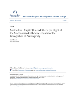 The Plight of the Macedonian Orthodox Church for the Recognition of Autocephaly Ines Murzaku Seton Hall University