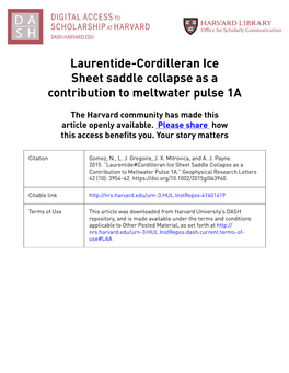 Laurentide-Cordilleran Ice Sheet Saddle Collapse As a Contribution to Meltwater Pulse 1A