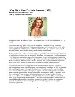 Cry Me a River” – Julie London (1955) Added to the National Registry: 2015 Essay by Michael Owen (Guest Post)*