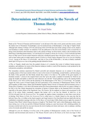 Determinism and Pessimism in the Novels of Thomas Hardy