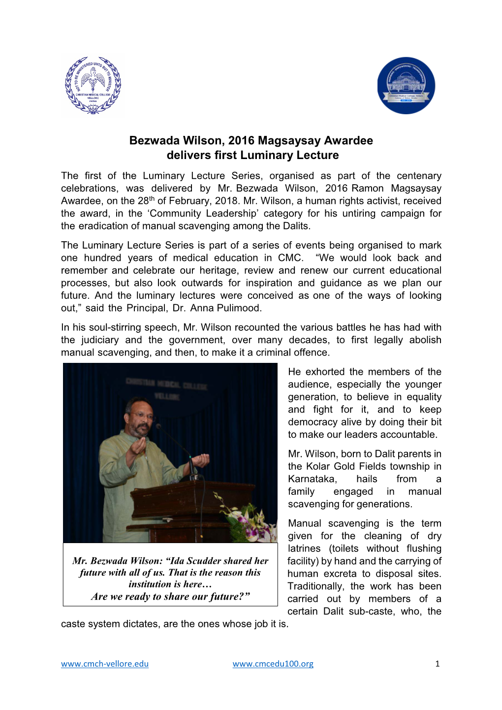 Bezwada Wilson, 2016 Magsaysay Awardee Delivers