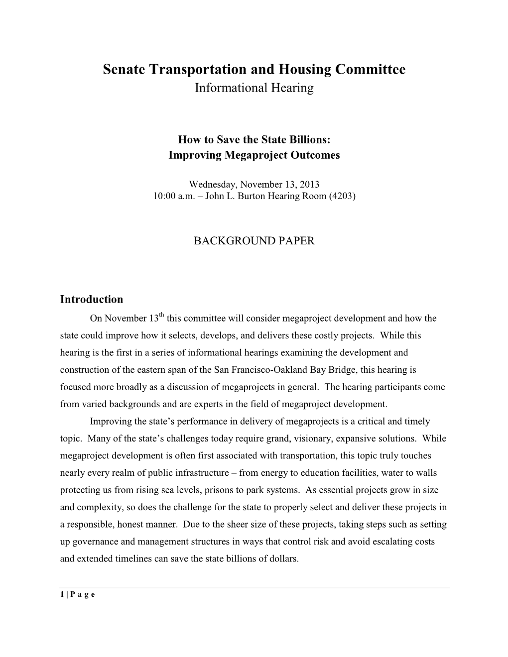 Senate Transportation and Housing Committee Informational Hearing