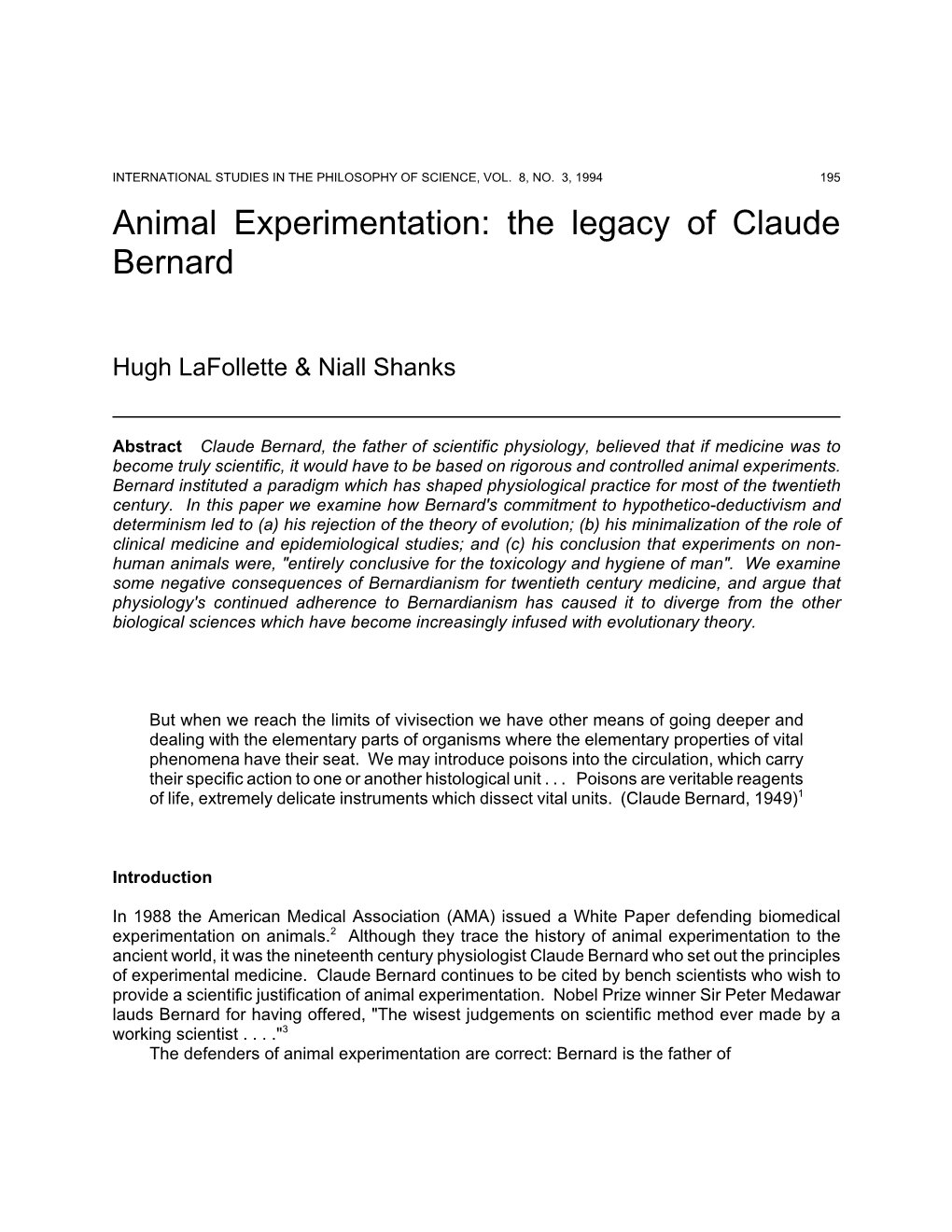 Animal Experimentation: the Legacy of Claude Bernard