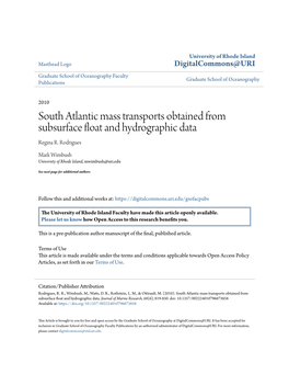 South Atlantic Mass Transports Obtained from Subsurface Float and Hydrographic Data Regina R