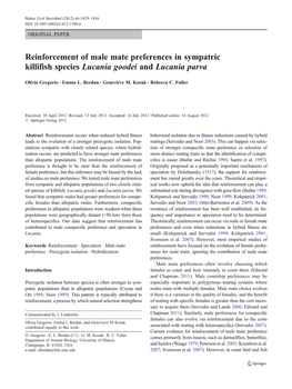 Reinforcement of Male Mate Preferences in Sympatric Killifish Species Lucania Goodei and Lucania Parva
