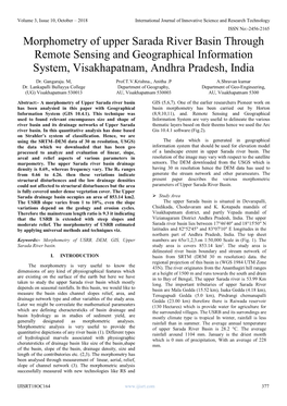 Morphometry of Upper Sarada River Basin Through Remote Sensing and Geographical Information System, Visakhapatnam, Andhra Pradesh, India