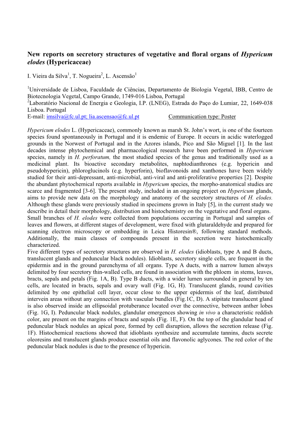 New Reports on Secretory Structures of Vegetative and Floral Organs of Hypericum Elodes (Hypericaceae)