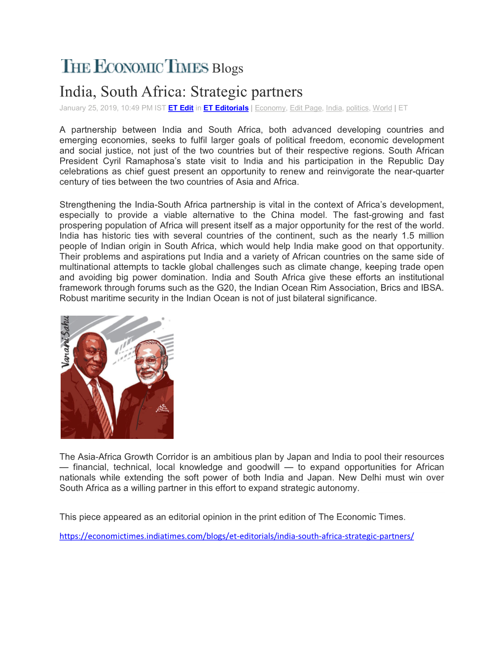 India, South Africa: Strategic Partners January 25, 2019, 10:49 PM IST ET Edit in ET Editorials | Economy, Edit Page, India, Politics, World | ET