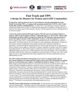 Fast Track and TPP: a Recipe for Disaster for Women and LGBT Communities