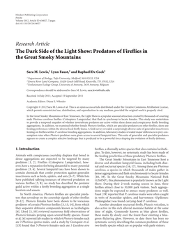 Research Article the Dark Side of the Light Show: Predators of Fireﬂies in the Great Smoky Mountains