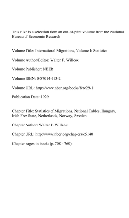 Statistics of Migrations, National Tables, Hungary, Irish Free State, Netherlands, Norway, Sweden