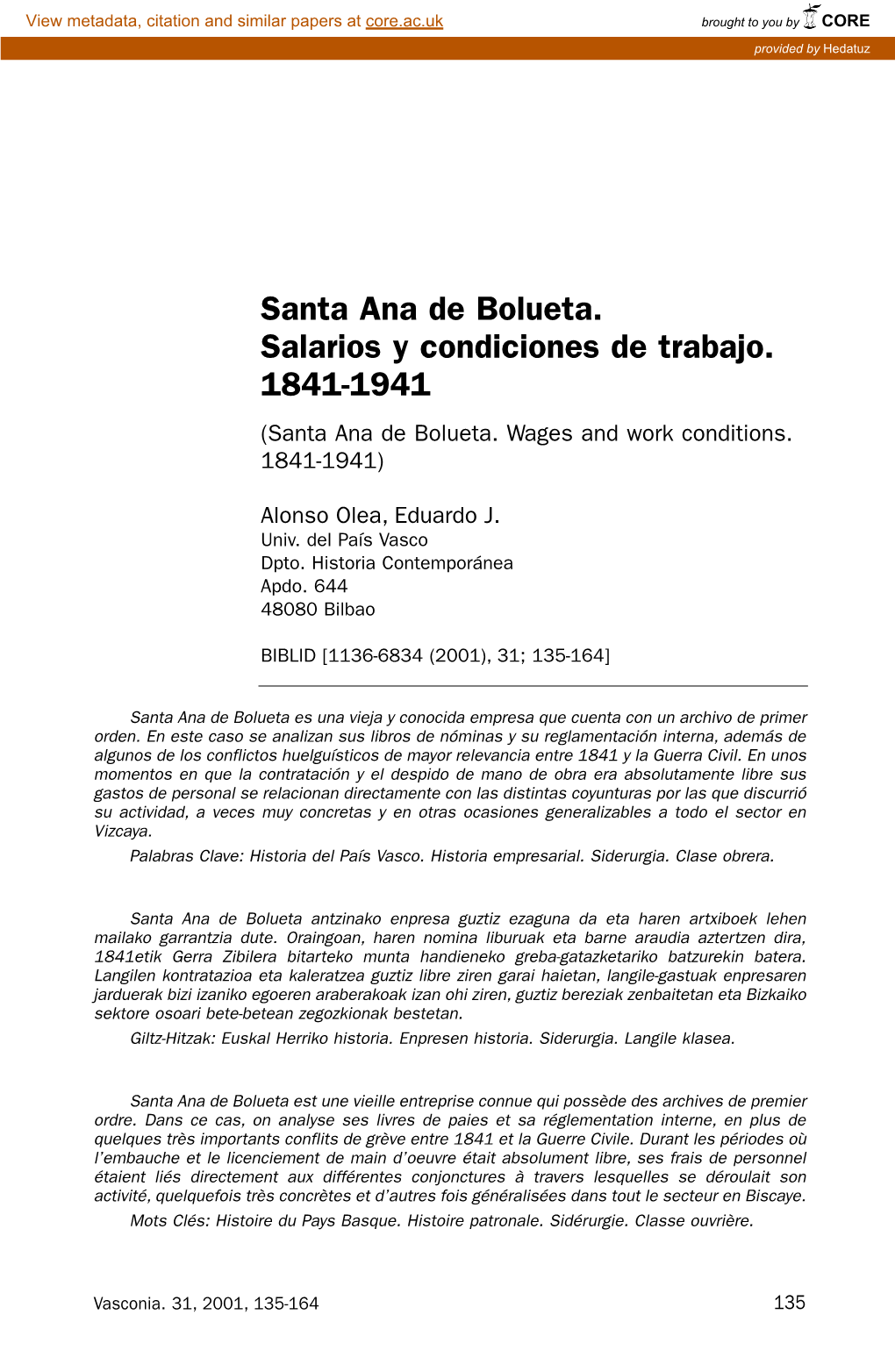 Santa Ana De Bolueta. Salarios Y Condiciones De Trabajo. 1841-1941 (Santa Ana De Bolueta