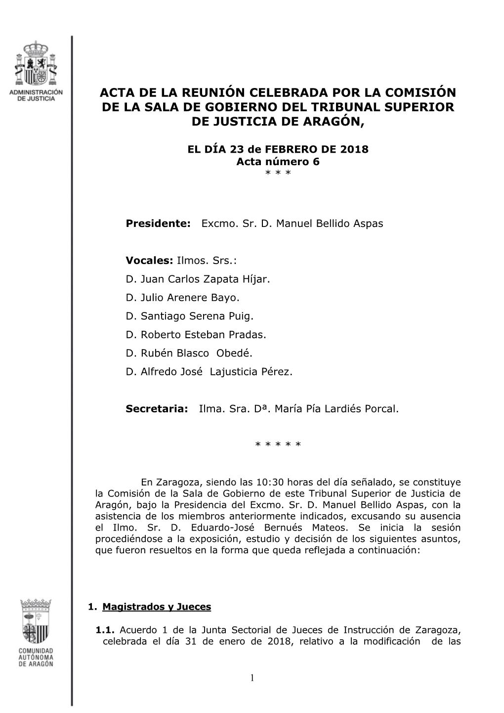Acta De La Comisión De La Sala De Gobierno Del TSJ Aragón De 23 De