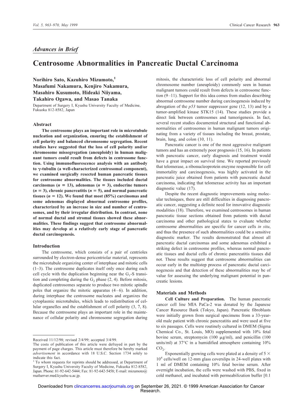 Centrosome Abnormalities in Pancreatic Ductal Carcinoma