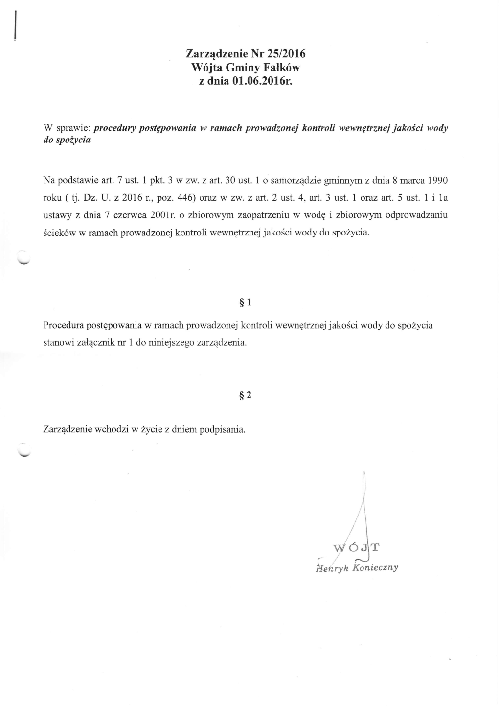 Wójta Gminy Fałków Z Dnia 01.06.2016R