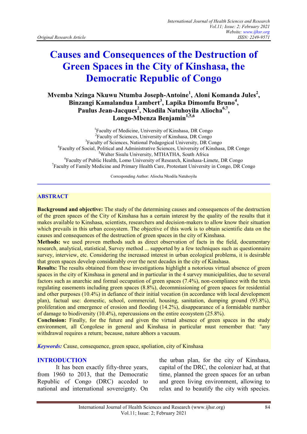 Causes and Consequences of the Destruction of Green Spaces in the City of Kinshasa, the Democratic Republic of Congo