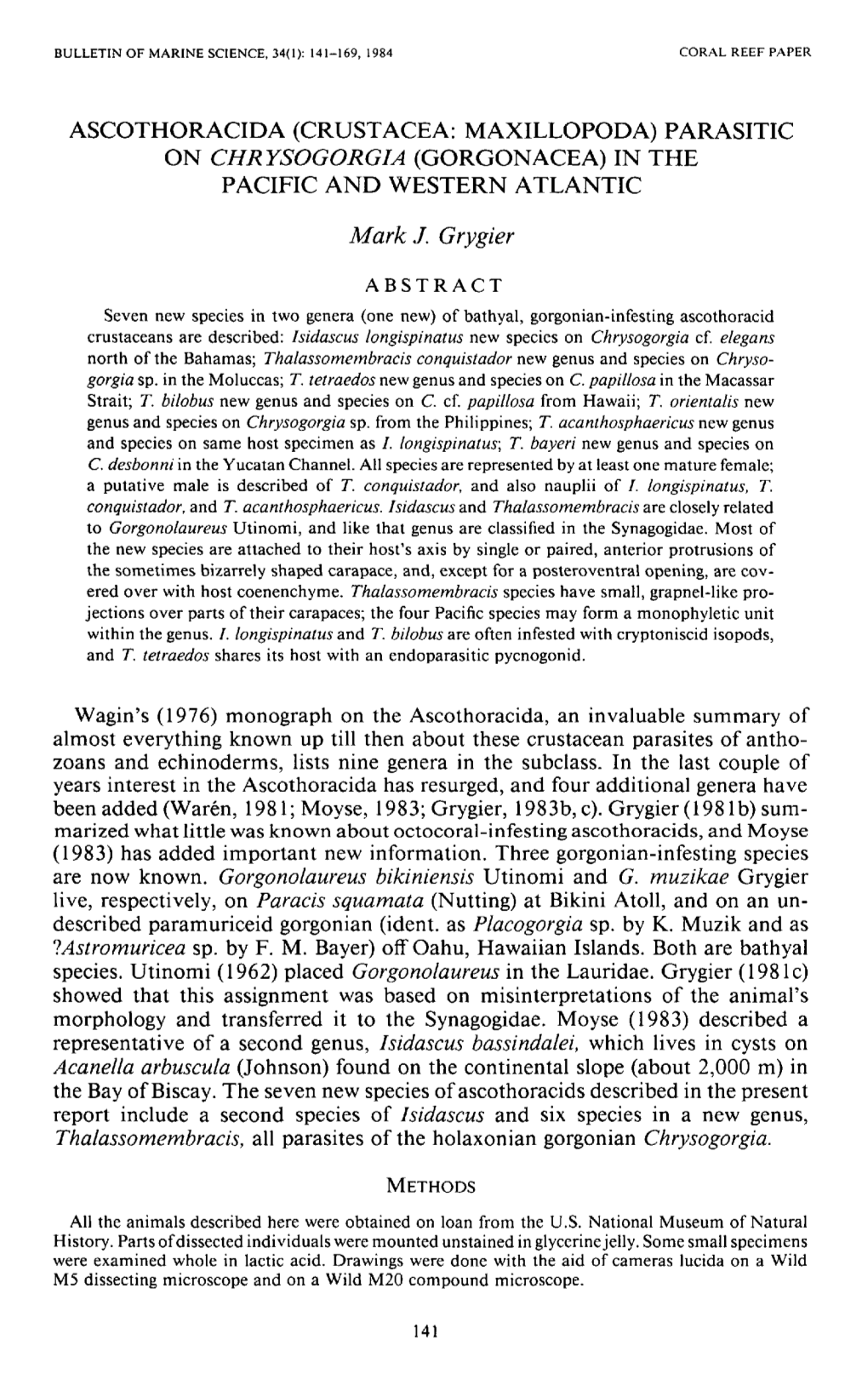 Ascothoracida (Crustacea: Maxillopoda) Parasitic on <I