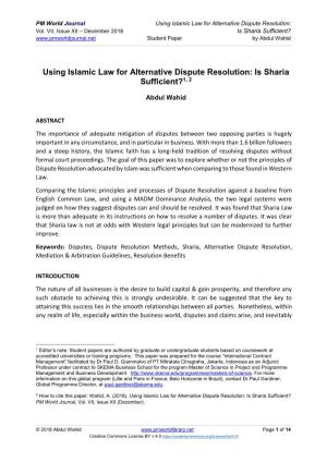 Using Islamic Law for Alternative Dispute Resolution: Is Sharia Sufficient?1, 2