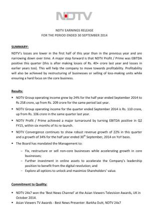 NDTV Financial Press Release (Q2 FY 14-15)