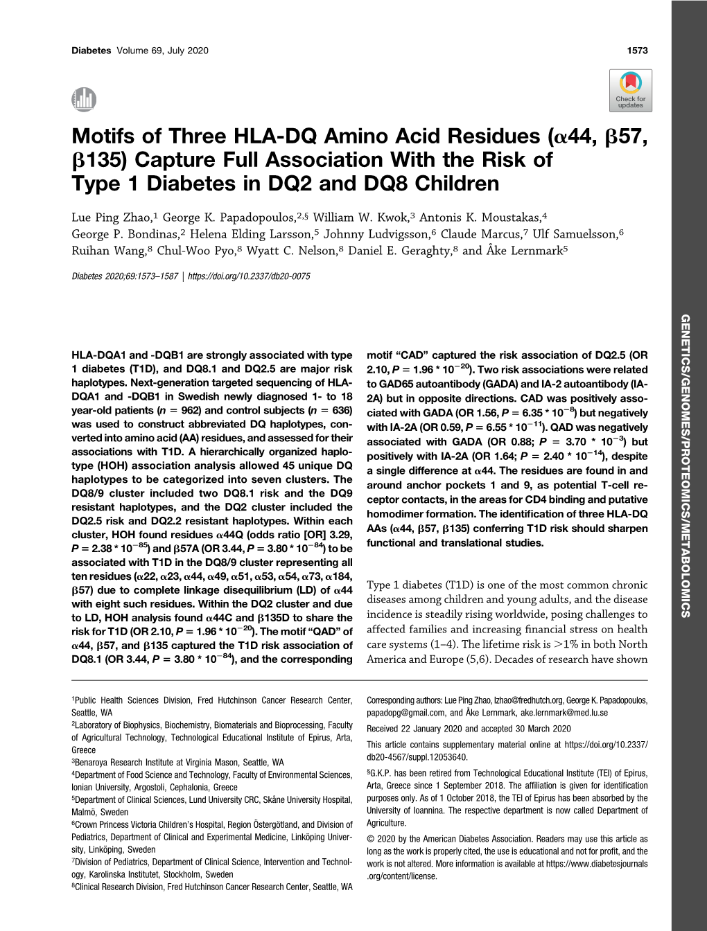 Motifs of Three HLA-DQ Amino Acid Residues (A44, B57, B135) Capture Full Association with the Risk of Type 1 Diabetes in DQ2 and DQ8 Children