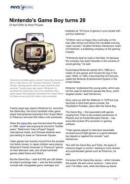 Nintendo's Game Boy Turns 20 23 April 2009, by Karyn Poupee